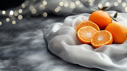 Fresh oranges arranged on a soft white fabric with gentle ambient lighting enhancing the fruity display