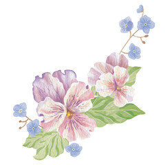 Pink viola, forget-me-nots and green leafs. Vintage watercolor illustration for holiday postcards or invitations, romantic greeting cards. Cosmetics, perfumes and home decor. Frame for website or app