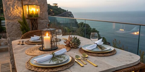 Fototapeta premium Elegant outdoor dining setup overlooking the ocean at sunset with decorative elements and warm lighting