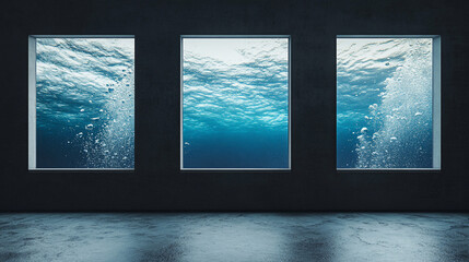 Fototapeta premium Underwater view through three large windows in a dark room.