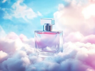 Elegant perfume bottle against pastel sky clouds