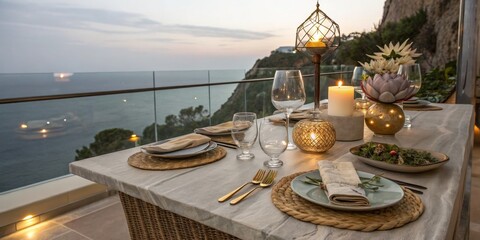 Fototapeta premium Elegant outdoor dining setup overlooking the ocean during sunset in a serene coastal location