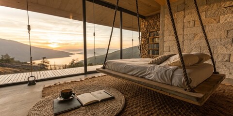 Cozy bedroom with swing bed offering mountain view at sunset in serene setting