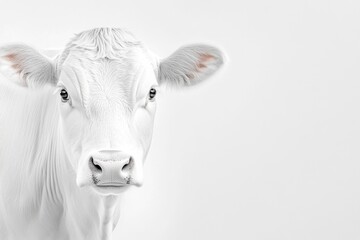 A minimalist close-up of a single cow face, softly lit against a neutral background