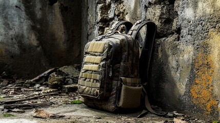 Abandoned urban setting tactical backpack grunge environment still life ground perspective survival concept