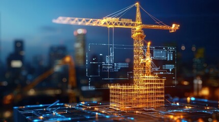 Stunning Night Cityscape with Digital Construction Crane Visualization