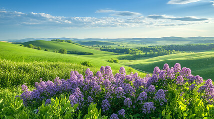 Obraz premium A picturesque countryside view with rolling green hills and a cluster of lilac bushes in the foreground