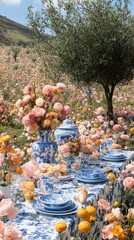 Floral tea party in a vibrant garden