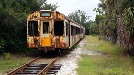 Obraz premium Vintage Abandoned Train Car on Rusty Tracks - Retro Transportation Photography Concept.