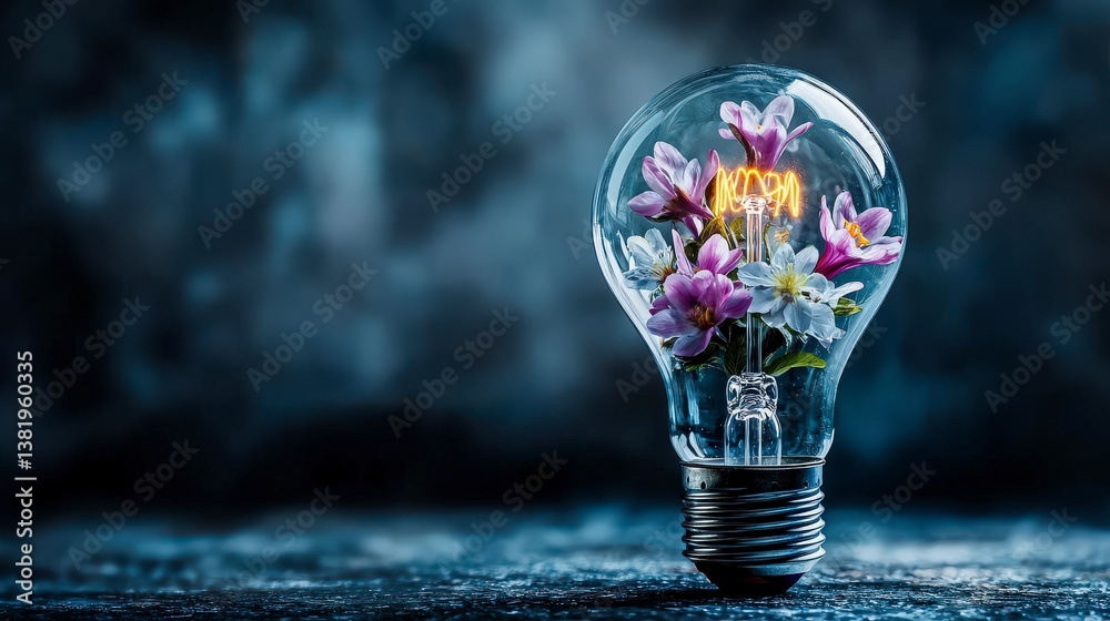 Poster illuminating floral design inside bulb artistic display creative concept dark background close-up vi