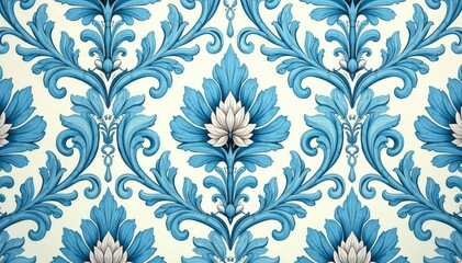 Symmetrical repeating damask pattern with swirling acanthus leaves and blossoms in muted blue tones, illustration, texture, design