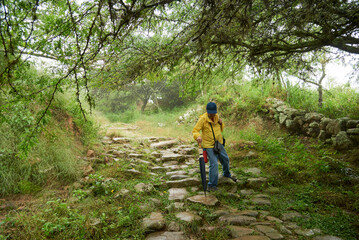 Senior hispanic man walking on a rural path, a restored stone royal way, going from Barichara to Guane, in Santander, Colombia. Concept: Active trips in contact with nature.