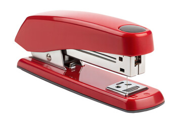 Red office stapler bright color sleek design, isolated on transparent background