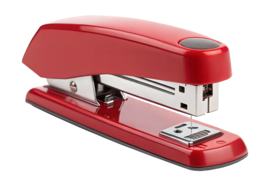 Red office stapler bright color sleek design, isolated on transparent background