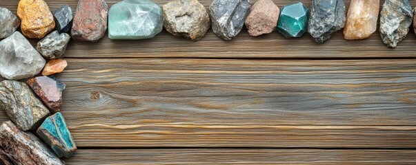 Colorful gemstones arranged on rustic wooden planks