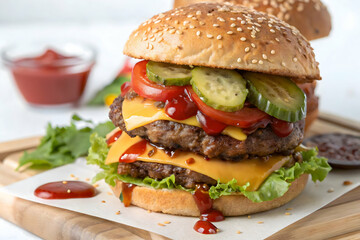 Close-Up Cheeseburger with Sesame Seed Bun and Fresh Vegetables,Beef and cheese burgers on a white background,Cheeseburger on White Background,Fast Food Cheeseburger with lots of side dishes and melti