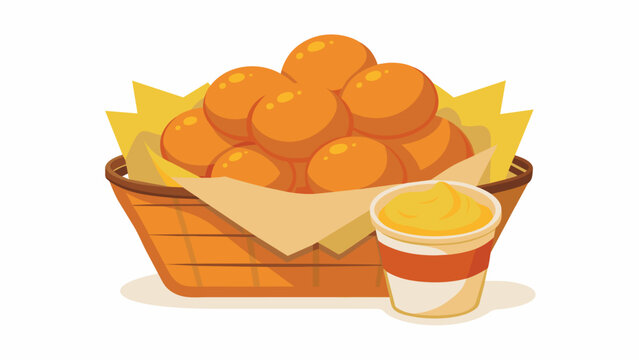 A basket of golden brown hush puppies served with a side of tangy remoulade sauce a delicious snack for any BBQ lover.. Vector illustration