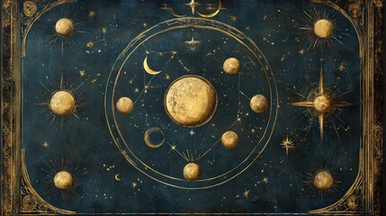 Celestial Moon Phases Chart, Gold, Dark Blue, Antique, Astrology, Background Texture, Design