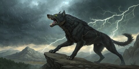 Obraz premium Fierce black wolf stands on a rocky ledge during a storm with lightning illuminating the dramatic sky