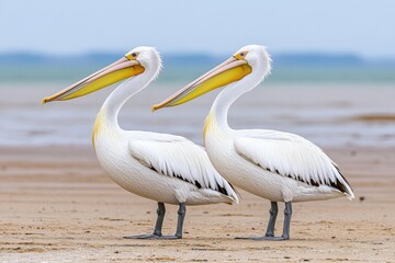 A pair of pelicans standing side by side, their long beaks touching as if in conversation