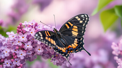Obraz premium A magical close-up of a butterfly delicately resting on a lilac blossom, surrounded by a soft-focus floral background
