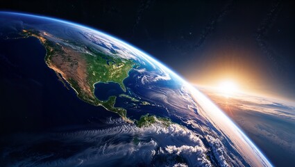 Earth and Stars: A Celestial Symphony A breathtaking view of Earth from space, showcasing its vibrant blue oceans, lush green continents, and swirling white clouds. 