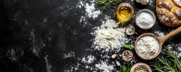 Baking ingredients on dark surface