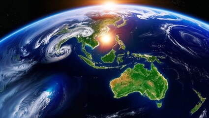 Golden Light Over Earth&rsquo;s Curved Edge A breathtaking view of Earth from space, showcasing its vibrant blue oceans, lush green continents, and swirling white clouds.