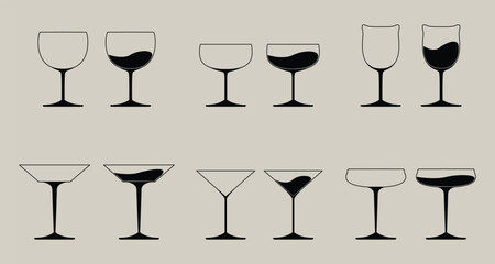 Vector set of stemware glass icons. Perfect for menu design, restaurant branding, drink icons, UI, UX, graphic design, and digital projects.