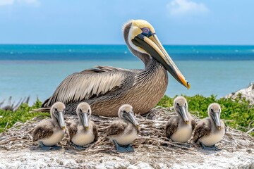 A pelican nest with tiny hatchlings peeking out from under their mother protective wings