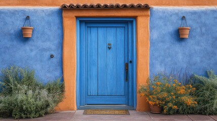 Blue door, orange stucco, Southwest home, plants, entryway