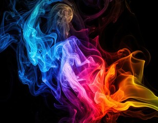 A mesmerizing display of colorful smoke swirling against a dark backdrop, creating an abstract artistic effect. The vibrant hues blend seamlessly