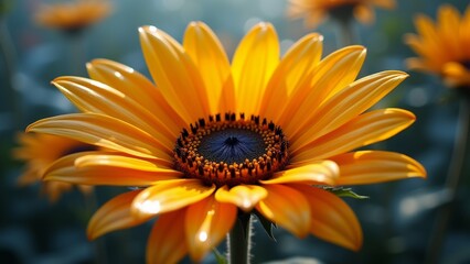 Obraz premium close single orange flower black center flower full bloom its petals spread out fan like shape center flower deep blue color small black dots scattered throughout petals glossy texture slightly