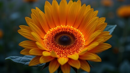 Obraz premium close sunflower bright orange petals deep blue center petals arranged circular pattern center being largest outermost center flower covered small orange dots creating textured appearance flower