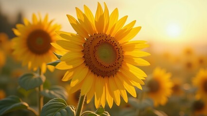 Fototapeta premium close sunflower field sunflower center its bright yellow petals dark center petals arranged circular pattern center being largest outer edges being smallest flower surrounded green leaves stems