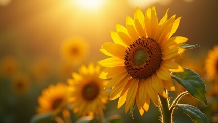 Fototapeta premium close sunflower field sunflower center its bright yellow petals dark center petals arranged circular pattern center being largest outer edges being smallest flower surrounded green leaves stems