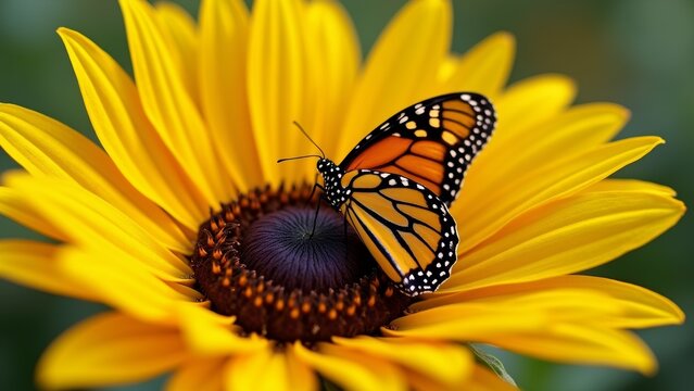close monarch butterfly resting yellow flower butterfly has orange black wings white spots its body facing towards center flower its antennae long thin appears resting petals sunflower background