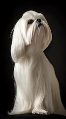 Naklejka premium A beautiful, fluffy white dog with long hair gazes confidently against a dark backdrop.