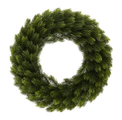 Small pine leaves decorated with a circle of Christmas decorations cut out isolated transparent background
