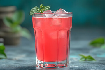 Obraz premium Refreshing gambian wonjo juice with ice cubes and a garnish of mint
