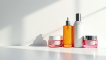 Luxury skincare products displayed on white background, container, lotion, bottle
