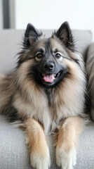 Fototapeta premium A happy Keeshond dog sitting on a couch, showcasing its fluffy coat and cheerful expression.