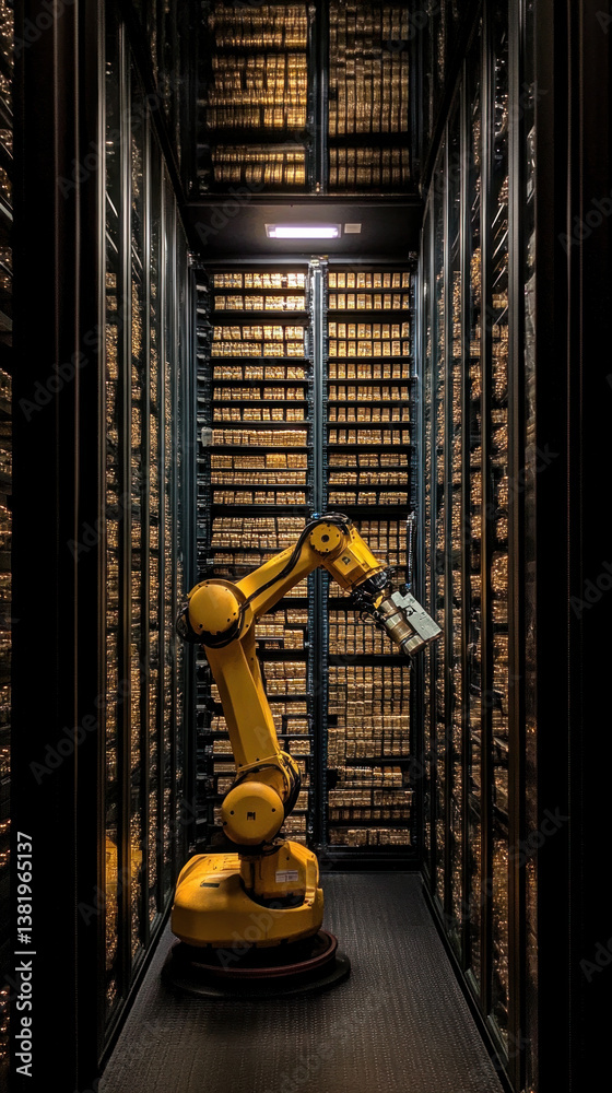 Poster a robot is standing in a room full of books. the robot is yellow and has a large arm. the room is ve