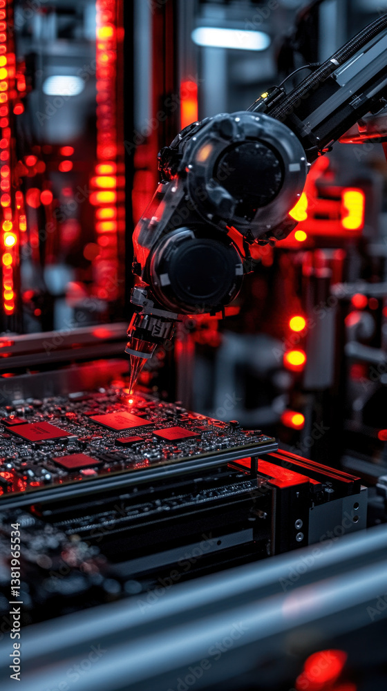 Poster a robot is working on a computer chip. the robot is surrounded by red lights, which gives the image 