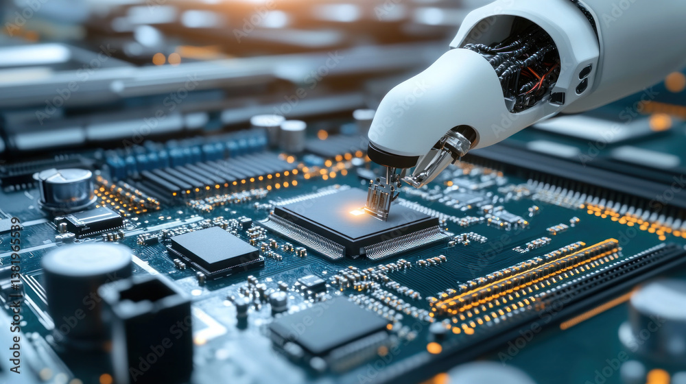 Poster a robot is touching a computer chip. the robot is white and has a metallic look. the computer chip i