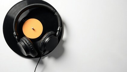 Studio shot of headphones, turntable, and vinyl record on white background, artistic, culture, background