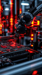A robot is working on a computer chip. The robot is surrounded by red lights, which gives the image a futuristic and industrial feel