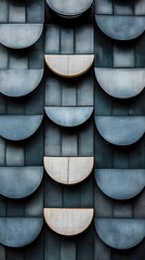 Semicircle tile pattern forming wall facade. Grey, blue, stone textured background