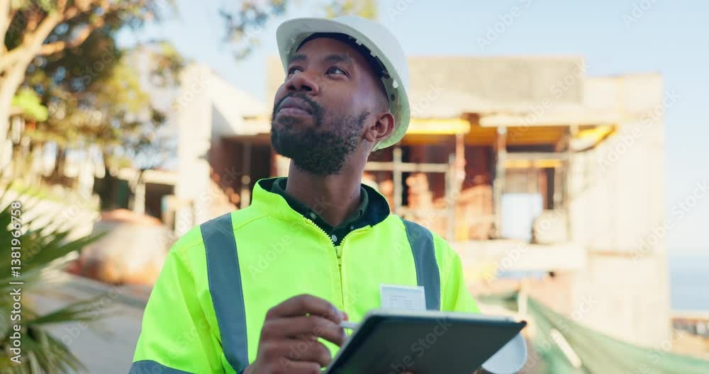 Poster black man, architect and tablet for inspection of construction planning, site progress and architect