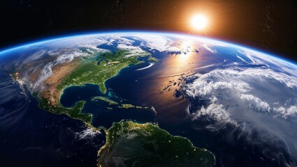 Earth Awakens: Sunrise from Space A breathtaking view of Earth from space, showcasing its vibrant blue oceans, lush green continents, and swirling white clouds. The curvature of the planet is visible